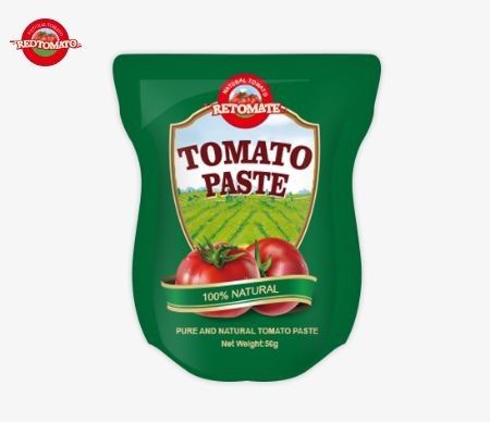 Sacchetto stand-up contenente 56 g di pasta di pomodori doppiamente concentrata con purezza compresa tra il 28% e il 100%