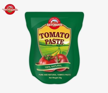 La pasta di pomodori in sacchetto stand-up all'ingrosso disponibile in dimensioni da 56 g offre un prodotto puro senza additivi.
