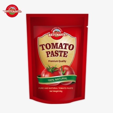 80 g di pasta di pomodori doppiamente concentrata in un sacchetto in piedi con livelli di purezza che vanno dal 30% al 100%