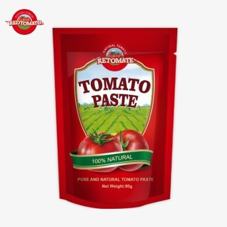 80 g di pasta di pomodori doppiamente concentrata confezionata in una busta in piedi con livelli di purezza che variano dal 30% al 100%
