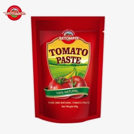 80 g di pasta di pomodoro doppiamente concentrata confezionata in una busta in piedi con livelli di purezza che vanno dal 30% al 100%