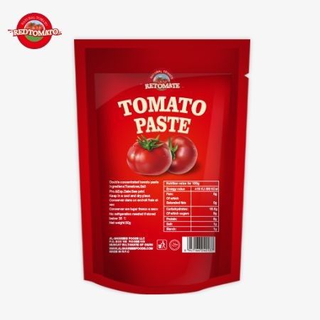 Un sacchetto da 80 grammi contenente pasta di pomodori doppiamente concentrata con livelli di purezza che vanno dal 30% al 100%