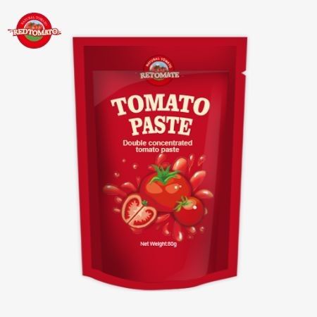 Taschino stand-up contenente 80 g di pasta di pomodori a doppia concentrazione offerta con livelli di purezza che variano dal 30% al 100%