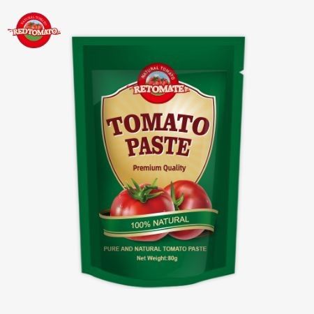 80 g sacchetto stand-up contenente pasta di pomodoro doppiamente concentrata con livelli di purezza che vanno dal 30% al 100%