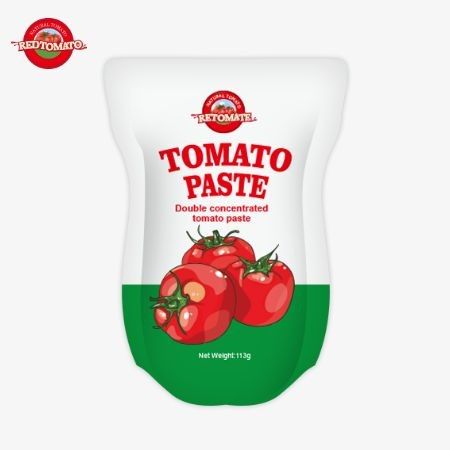 La fabbrica di pasta di pomodoro produce sacchetti in piedi da 113 g in conformità con gli standard di produzione ISO HACCP BRC e FDA