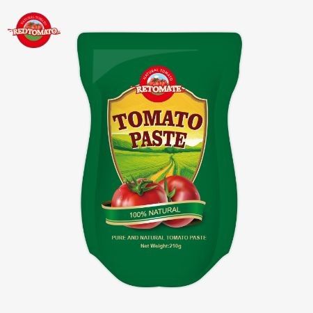 La pasta di pomodori in sacchetto stand-up da 210 g è conforme agli standard di produzione ISO HACCP BRC e FDA