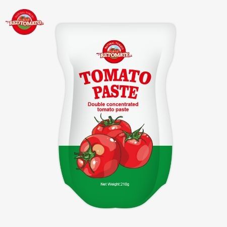 La pasta di pomodori in sacchetto da 210 g soddisfa gli standard di produzione ISO HACCP BRC e FDA