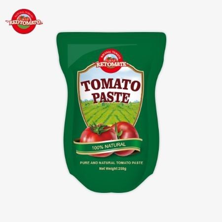 Il sacchetto stand-up contiene 250 g di pasta di pomodoro dolce e pungente con una purezza compresa tra il 30% e il 100%