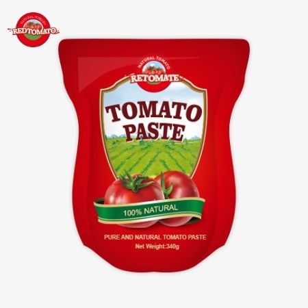 Il sacchetto stand-up contiene 340 g di pasta di pomodori dolce e pungente con un range di purezza che va dal 30% al 100%