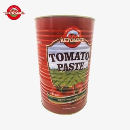 La passata di pomodoro Retomate 4500g (Brix 28–30%) in scatola è disponibile con il nostro marchio e servizi completi di design del marchio e del packaging