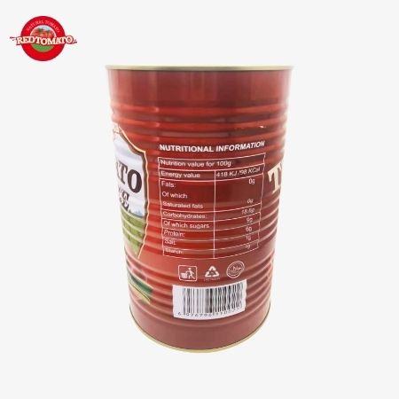 La passata di pomodoro Retomate 4500g (Brix 28–30%) in scatola è disponibile con il nostro marchio e servizi completi di design del marchio e del packaging