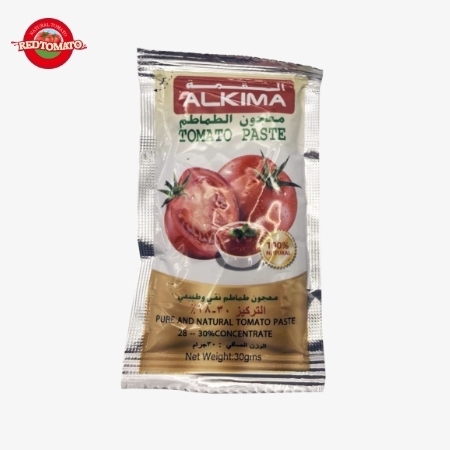 ALKIMA 30g bustina piatta concentrato di passata di pomodoro a Brix 28–30% disponibile con il marchio Retomate o personalizzabile con il tuo OEM