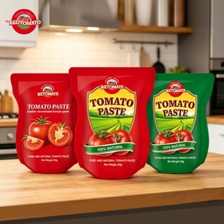 Questa busta stand-up contiene 56g di doppio concentrato di pomodoro, con un intervallo di purezza dal 28% al 100%