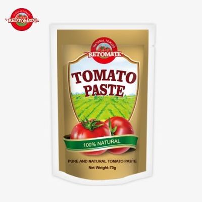 Di buona qualità, su misura, doppio concentrato, piatto e stand-up, in sacchetto organico, pasta di pomodori da 70 g.