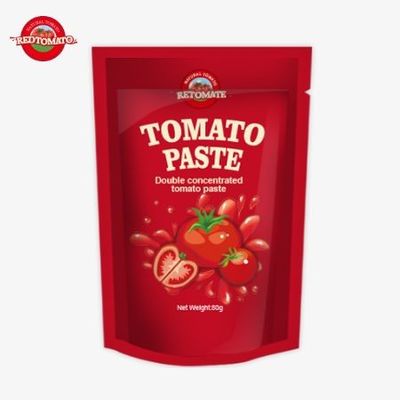 Taschino stand-up contenente 80 g di pasta di pomodori a doppia concentrazione offerta con livelli di purezza che variano dal 30% al 100%