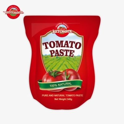 Il sacchetto stand-up contiene 340 g di pasta di pomodori dolce e pungente con un range di purezza che va dal 30% al 100%
