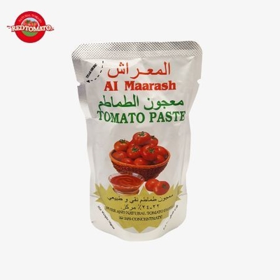 Busta da 70g di concentrato di pomodoro stand-up, con grado Brix 22–24%. Fornire design del marchio e del packaging.